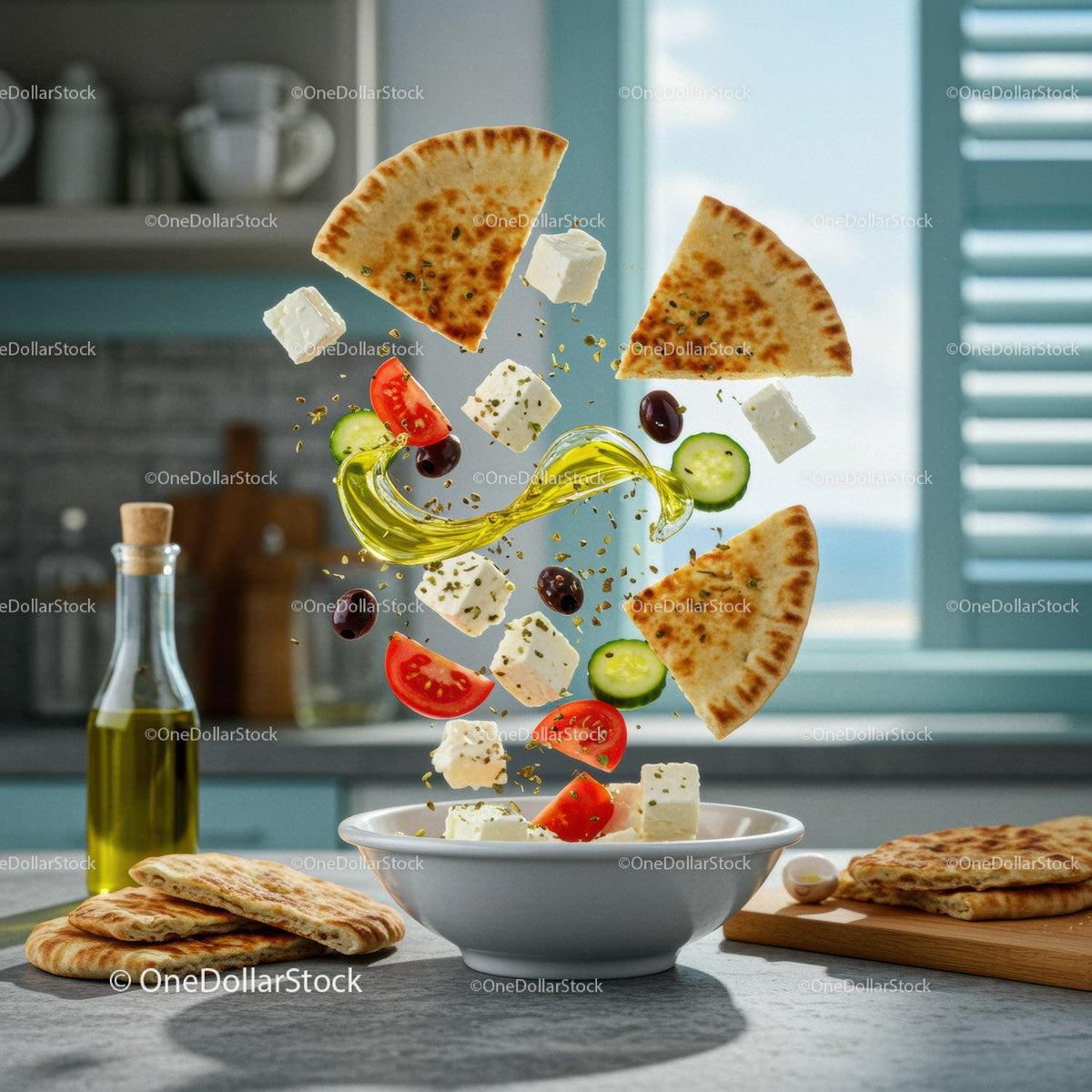Mediterranean ingredients floating over bowl with pita bread