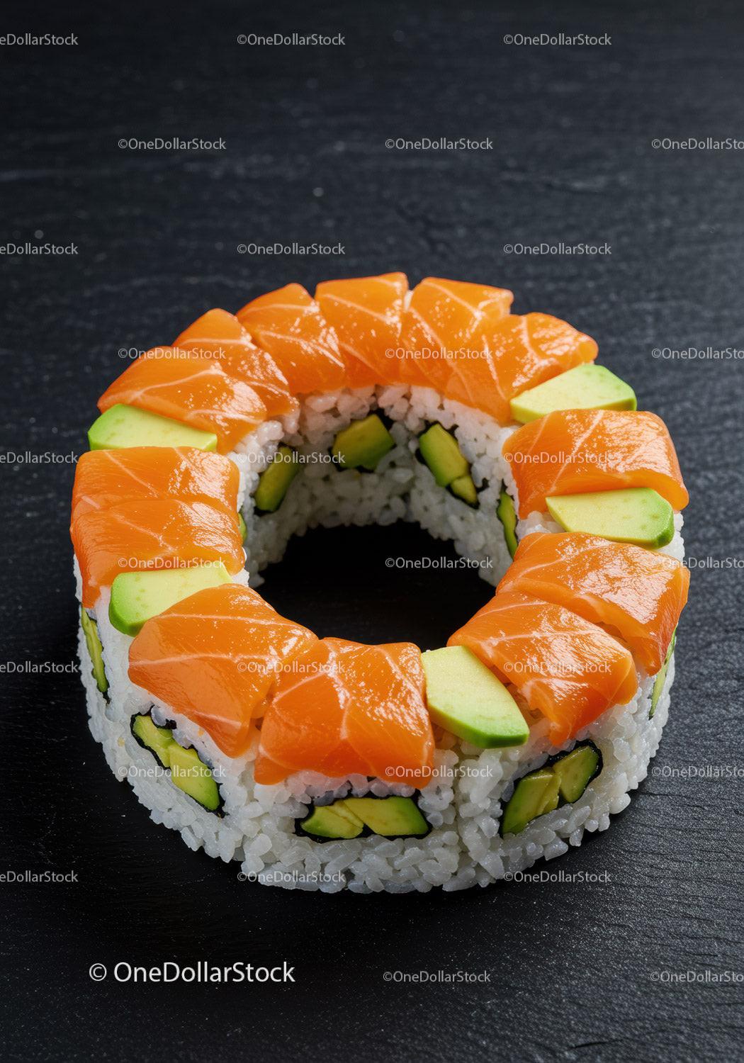 Fresh salmon avocado sushi ring on black slate
