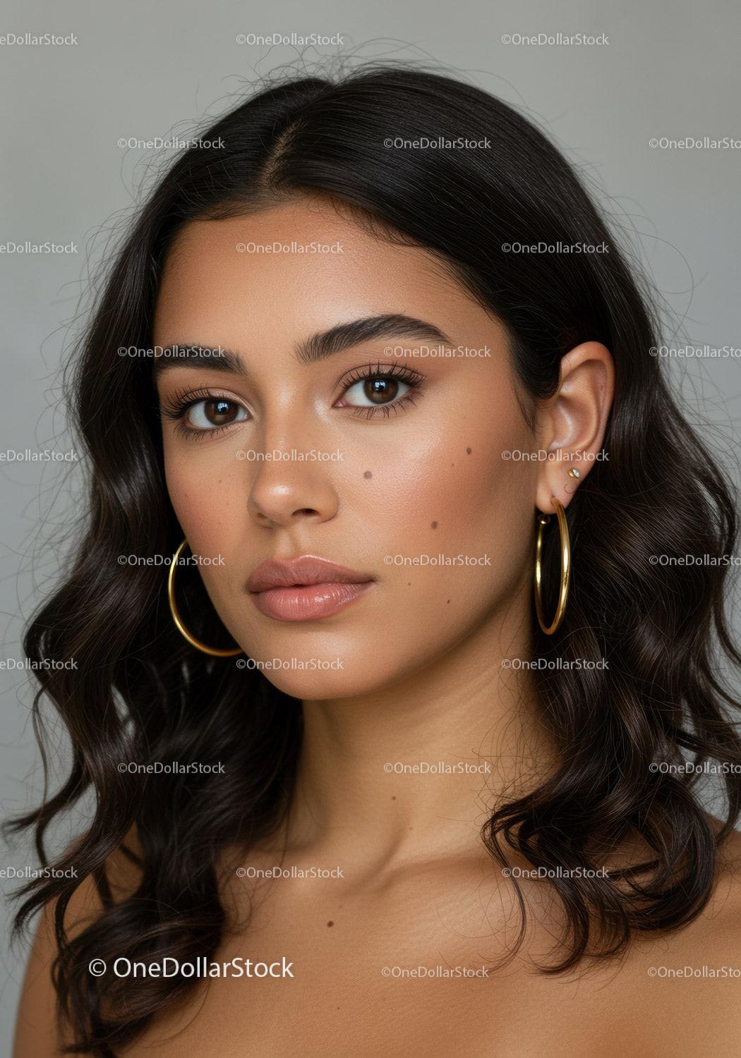 Elegant Woman Portrait with Brown Eyes and Gold Hoop Earrings