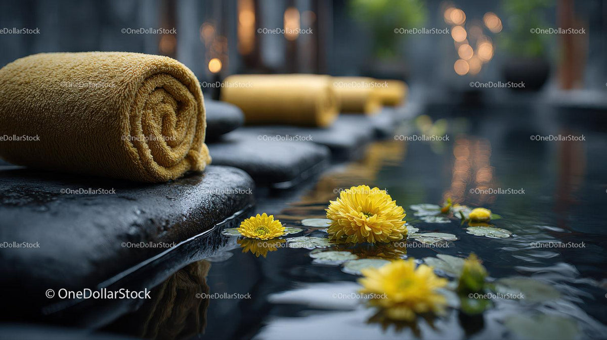 Serene Outdoor Spa Scene with Yellow Towel and Water Lilies Stock Photo Bundle preview 28
