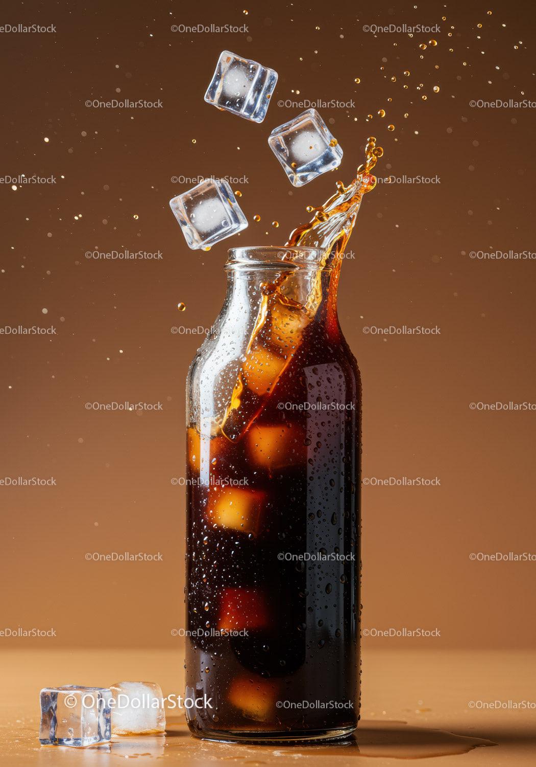 Glass bottle with cold soda and ice cubes splash