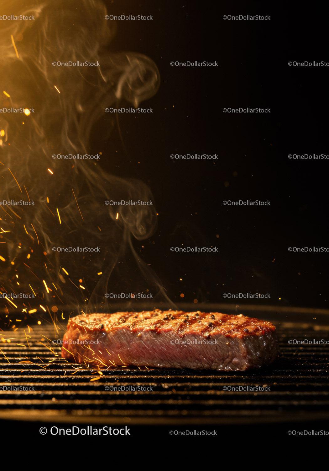 Juicy steak grilling with flames and smoke at night