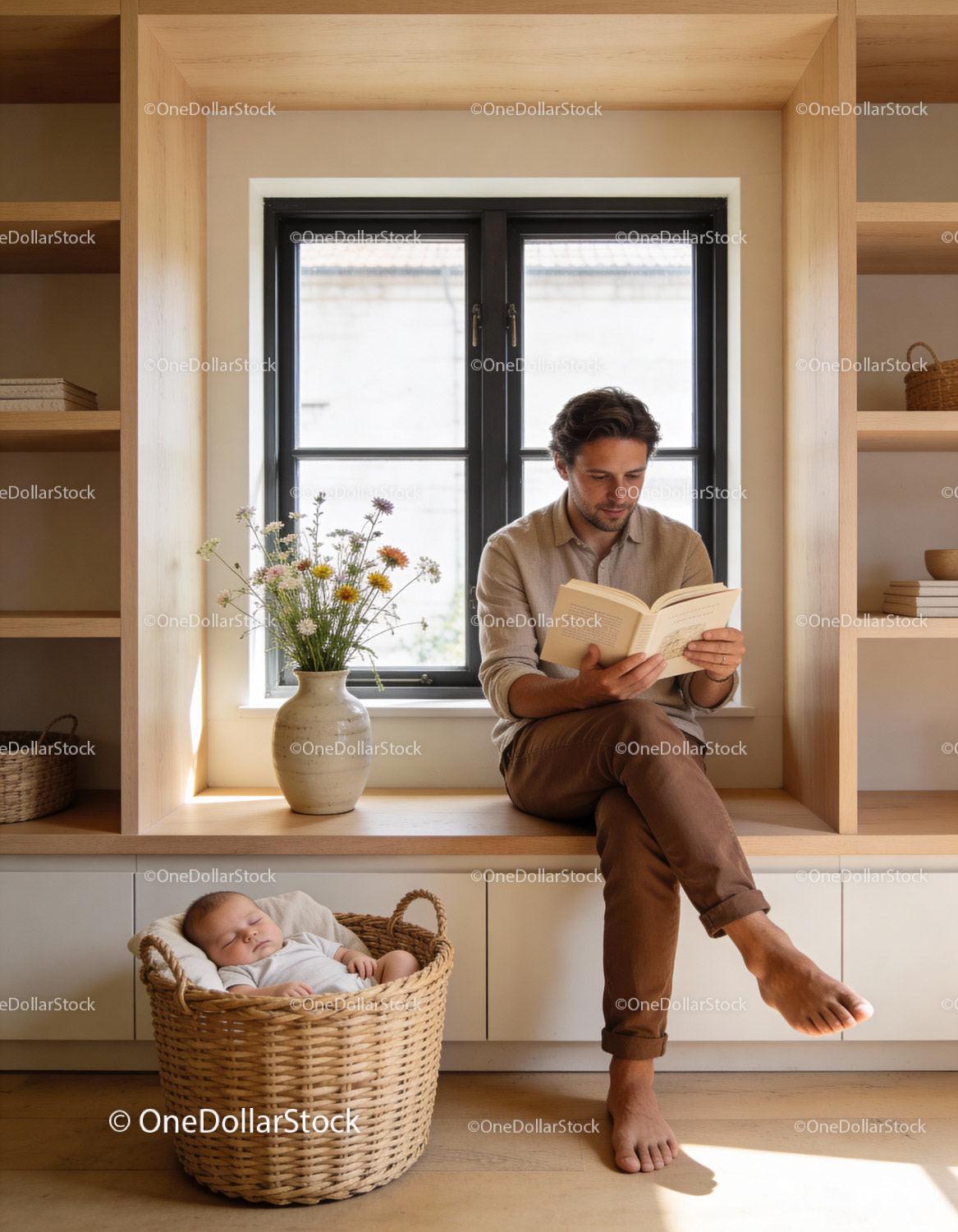 Father Reading Book While Baby Sleeps Peacefully