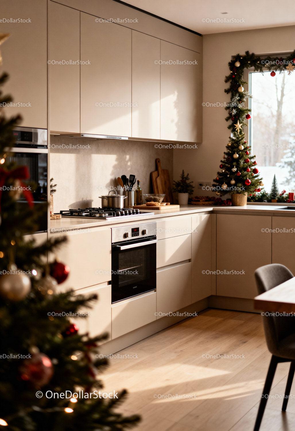 Cozy modern kitchen decorated for Christmas holiday
