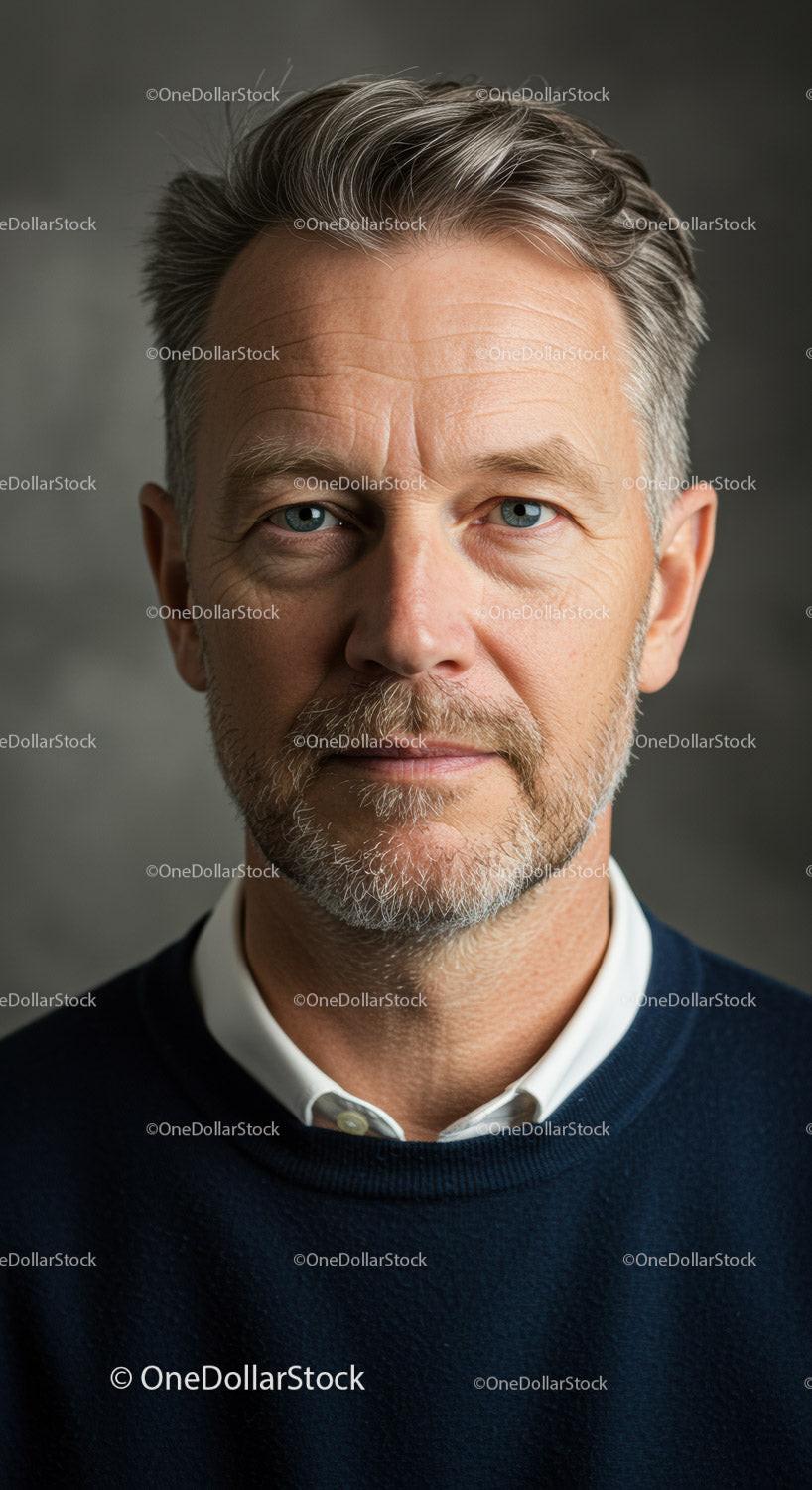 Confident Mature Man with Gray Hair and Blue Eyes in Professional Portrait