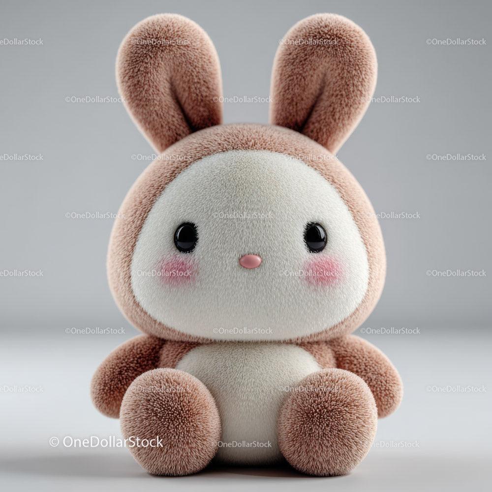Cute plush bunny toy with brown fur and cream face sitting upright on gray background