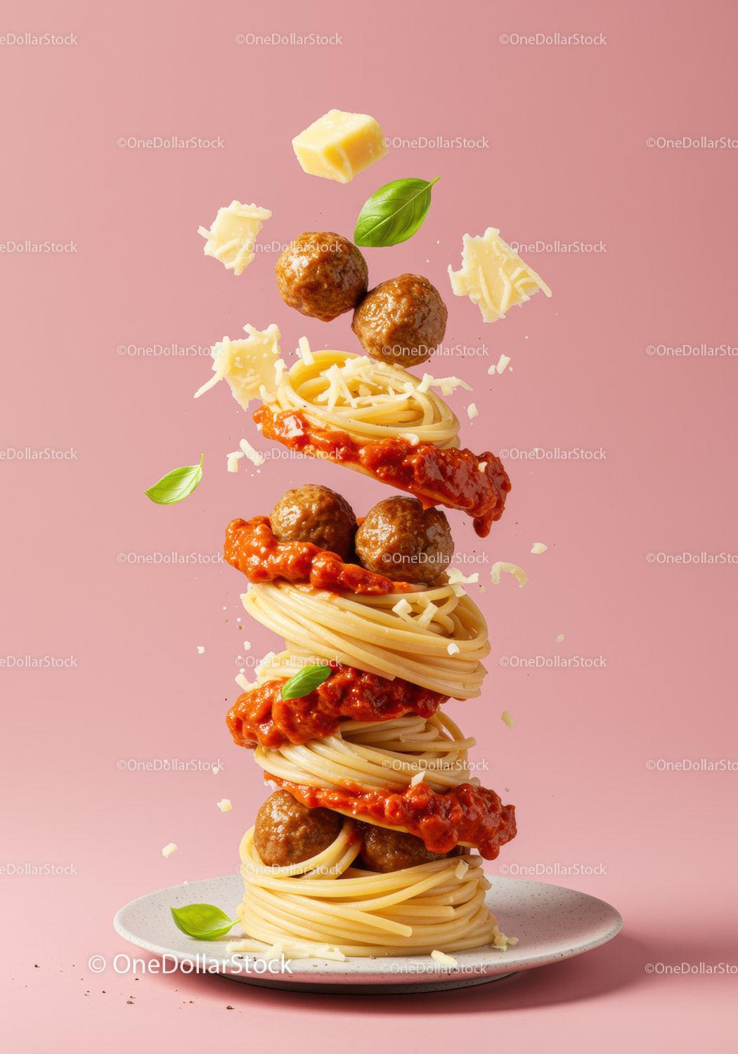 Stacked spaghetti with meatballs basil and cheese