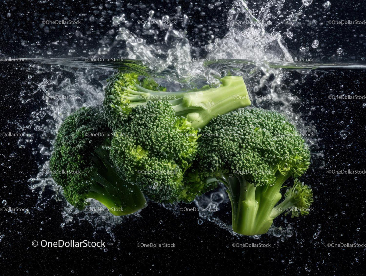 Fresh Broccoli Florets in Water with Splashing Effect for Healthy Life