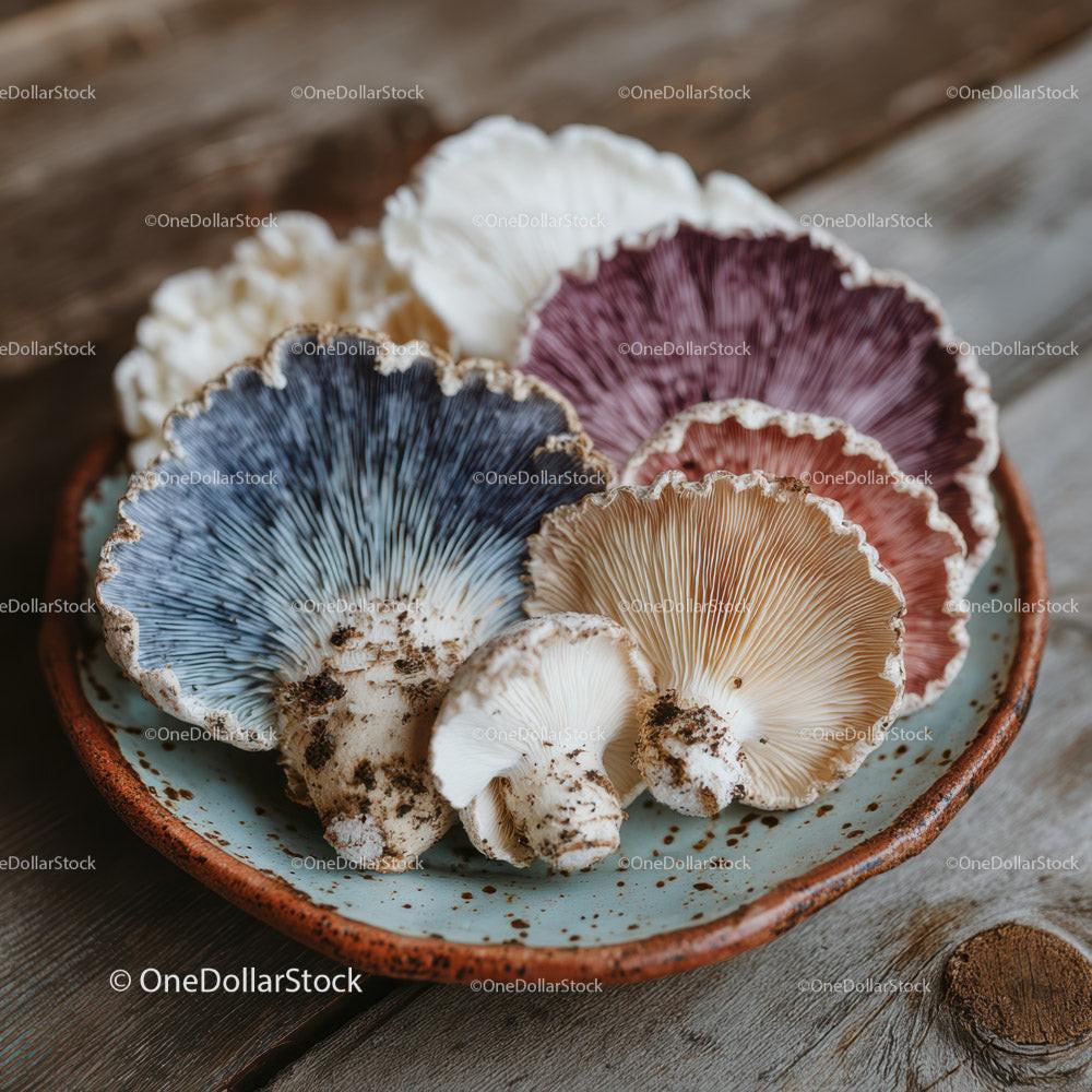Colorful Wild Mushrooms in Rustic Ceramic Bowl for culinary use