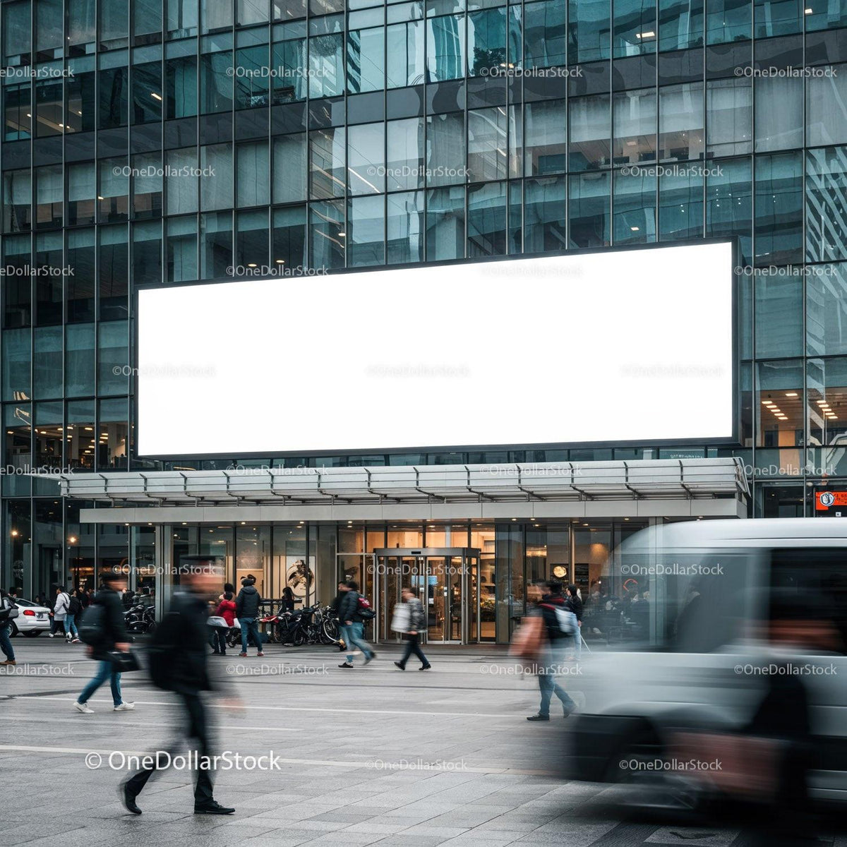 Busy urban scene with blank billboard on glass building JPG Mockup Image preview