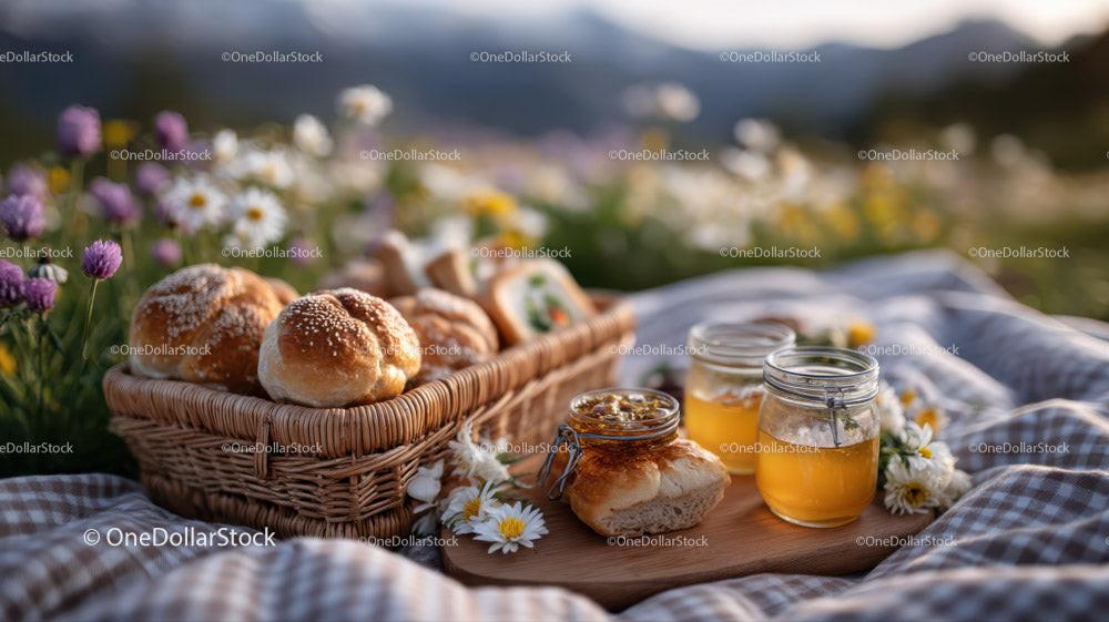 Fresh Baked Bread and Honey Jars on Picnic in Countryside Landscape