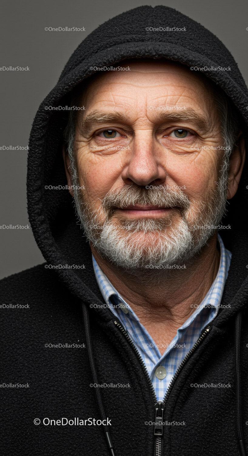 Mature man with beard wearing hooded jacket portrait
