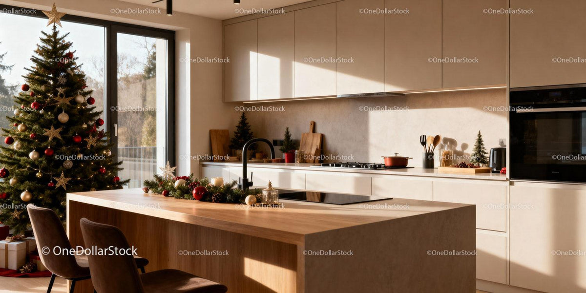 Modern kitchen with Christmas tree and festive decorations