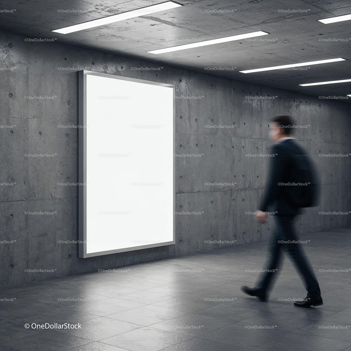 Businessman walking past blank illuminated advertising board JPG Mockup Image preview