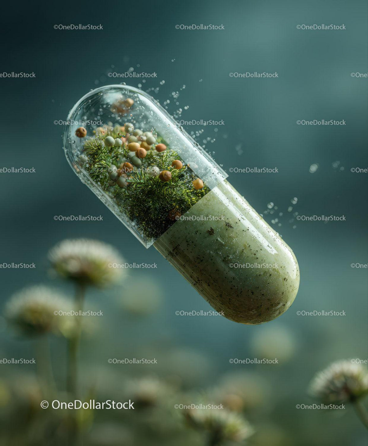 Clear capsule containing green moss and tiny round beads floating in soft teal environment