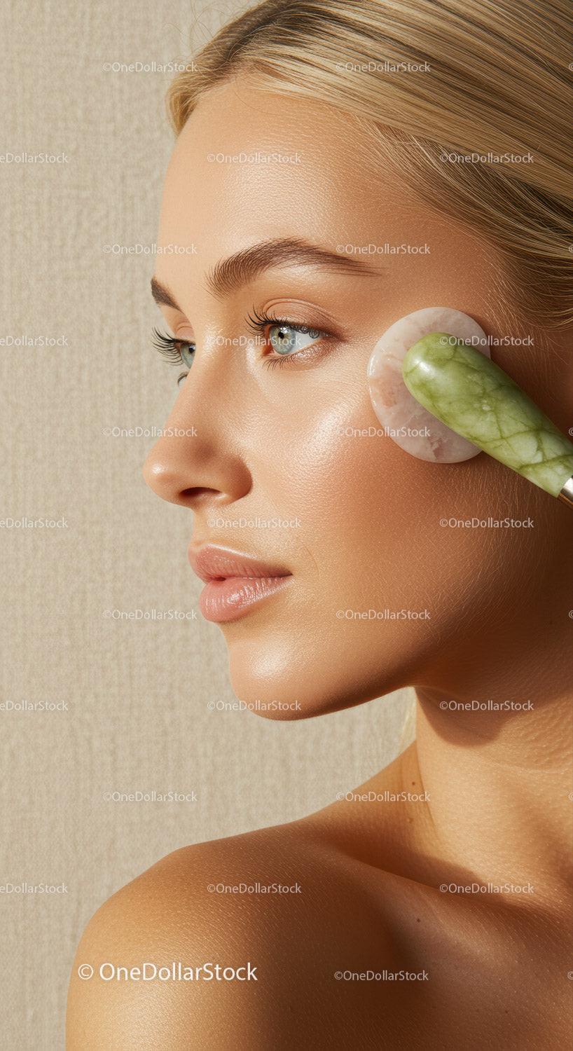 Close-Up of Woman Receiving Spa Facial with Jade Roller for Glowing Skin