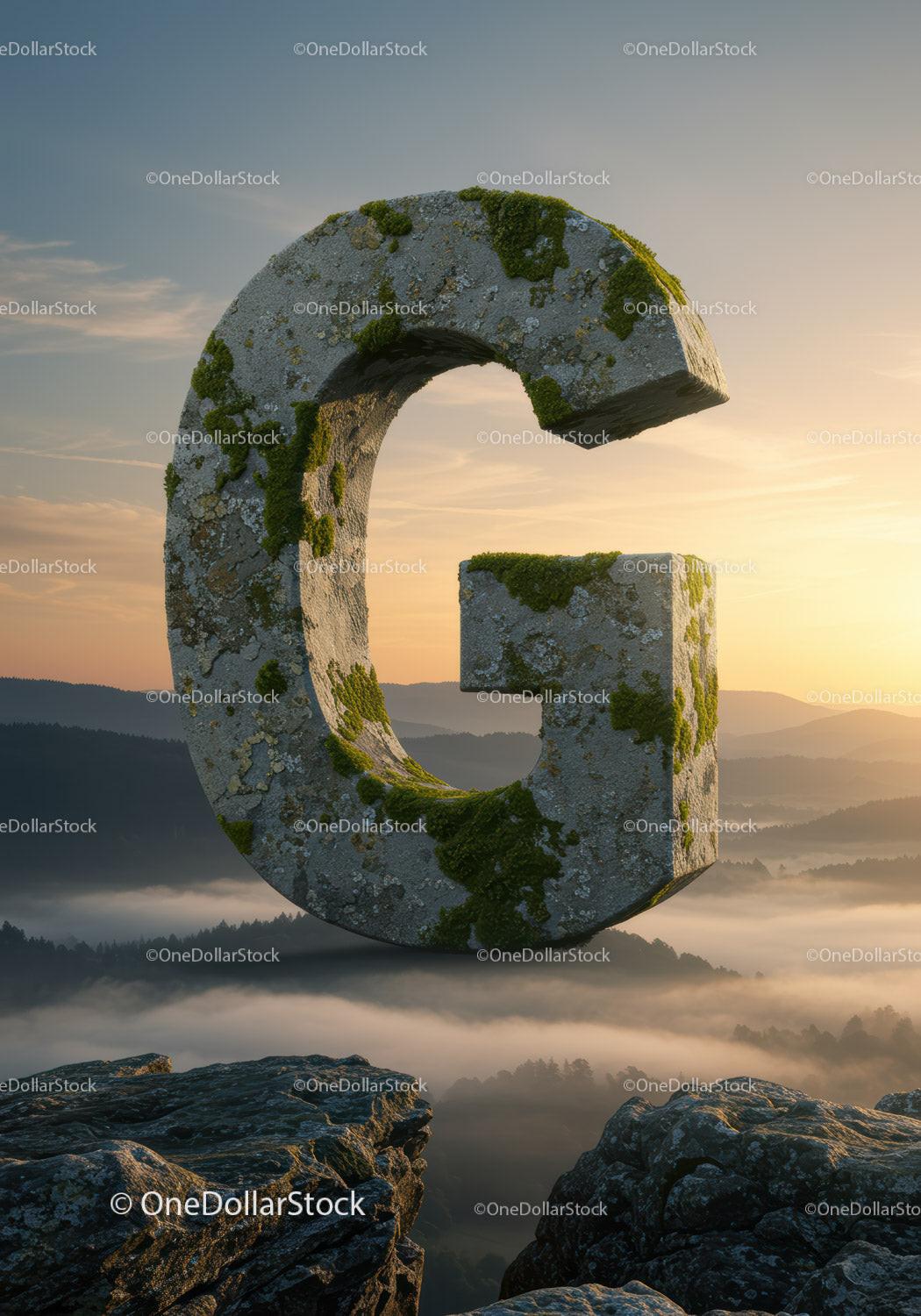 Aged Stone Letter G Covered with Moss at Sunrise