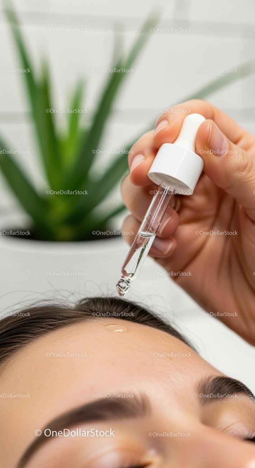Close-up of a Cosmetic Dropper Applying Serum to Forehead for Skin Care