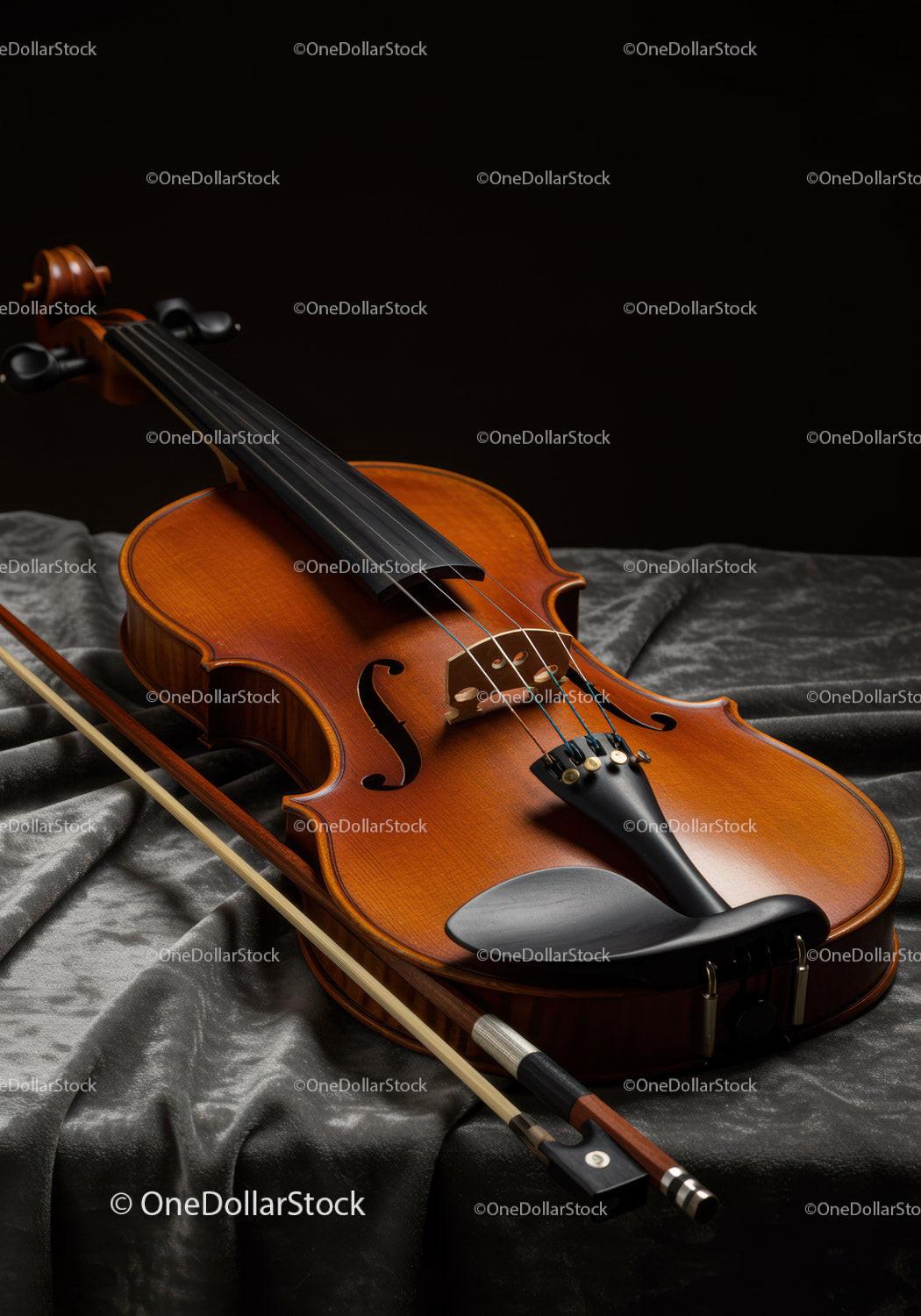 Elegant Wooden Classical Violin with Bow on Velvet Fabric