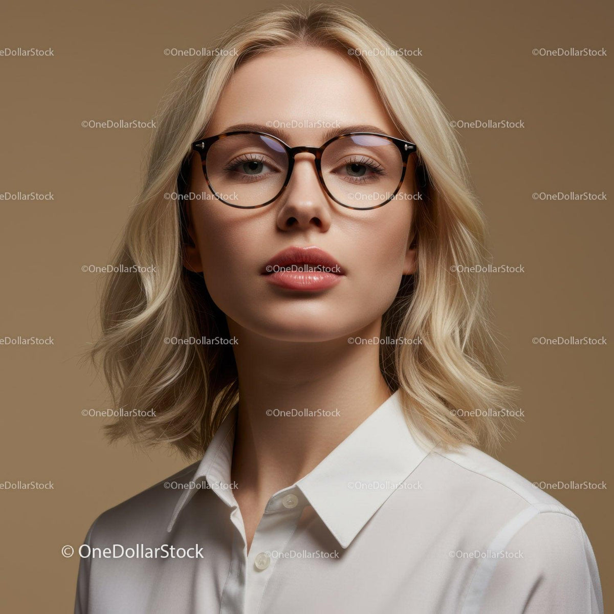 Elegant Blonde Woman Wearing Glasses in Professional Portrait