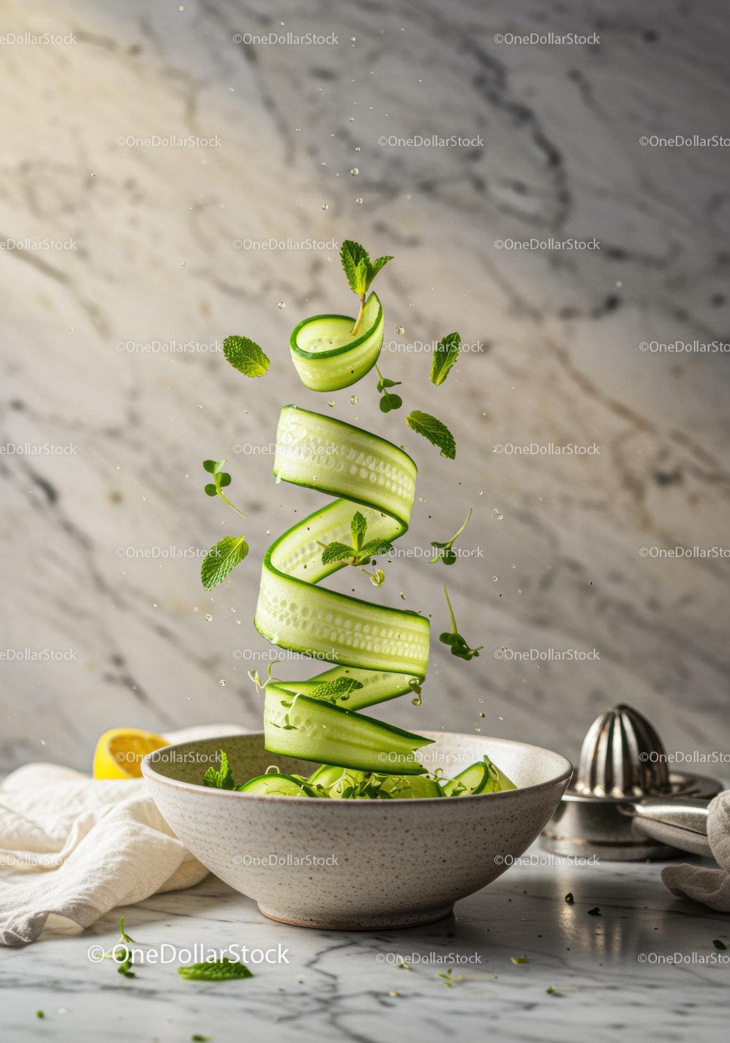 Fresh cucumber ribbons with mint drops in ceramic bowl