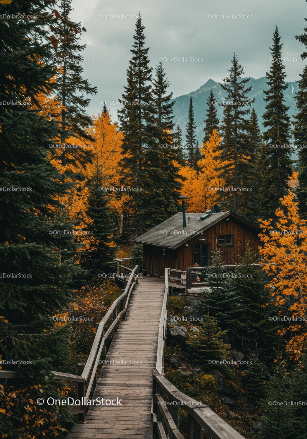 Cozy wooden cabin surrounded by autumn forest colors