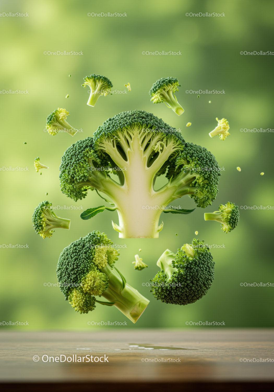 Fresh Broccoli Florets Floating Above Wooden Table
