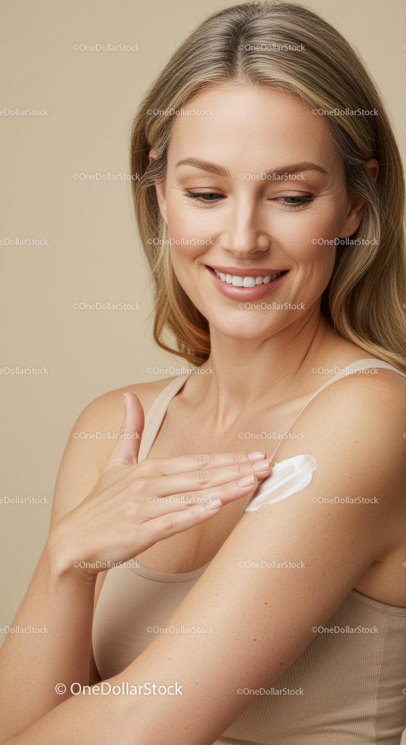 Woman Applying Body Lotion for Healthy Skin with Gentle Smile