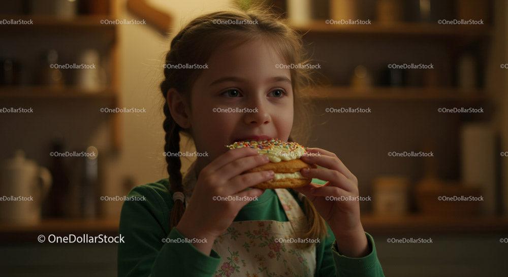 Girl Eating a Colorful Donut in a Cozy Kitchen Stock Photo Bundle preview 6