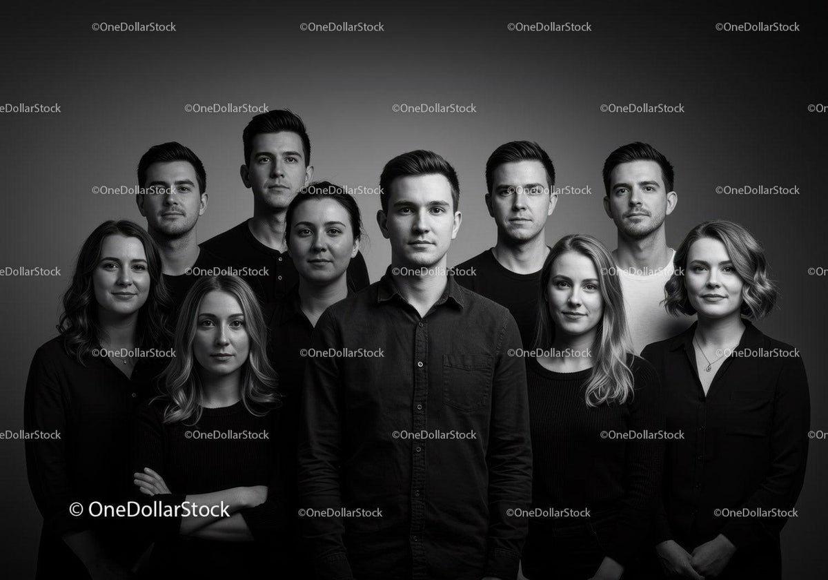Confident diverse young adults posed in black and white