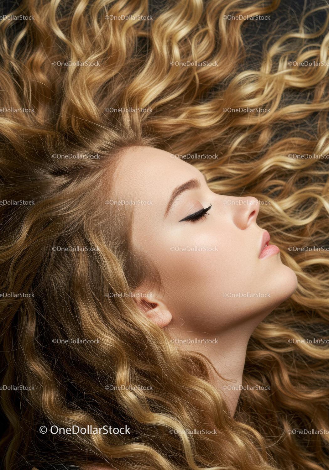 Profile of young woman with long curly blonde hair