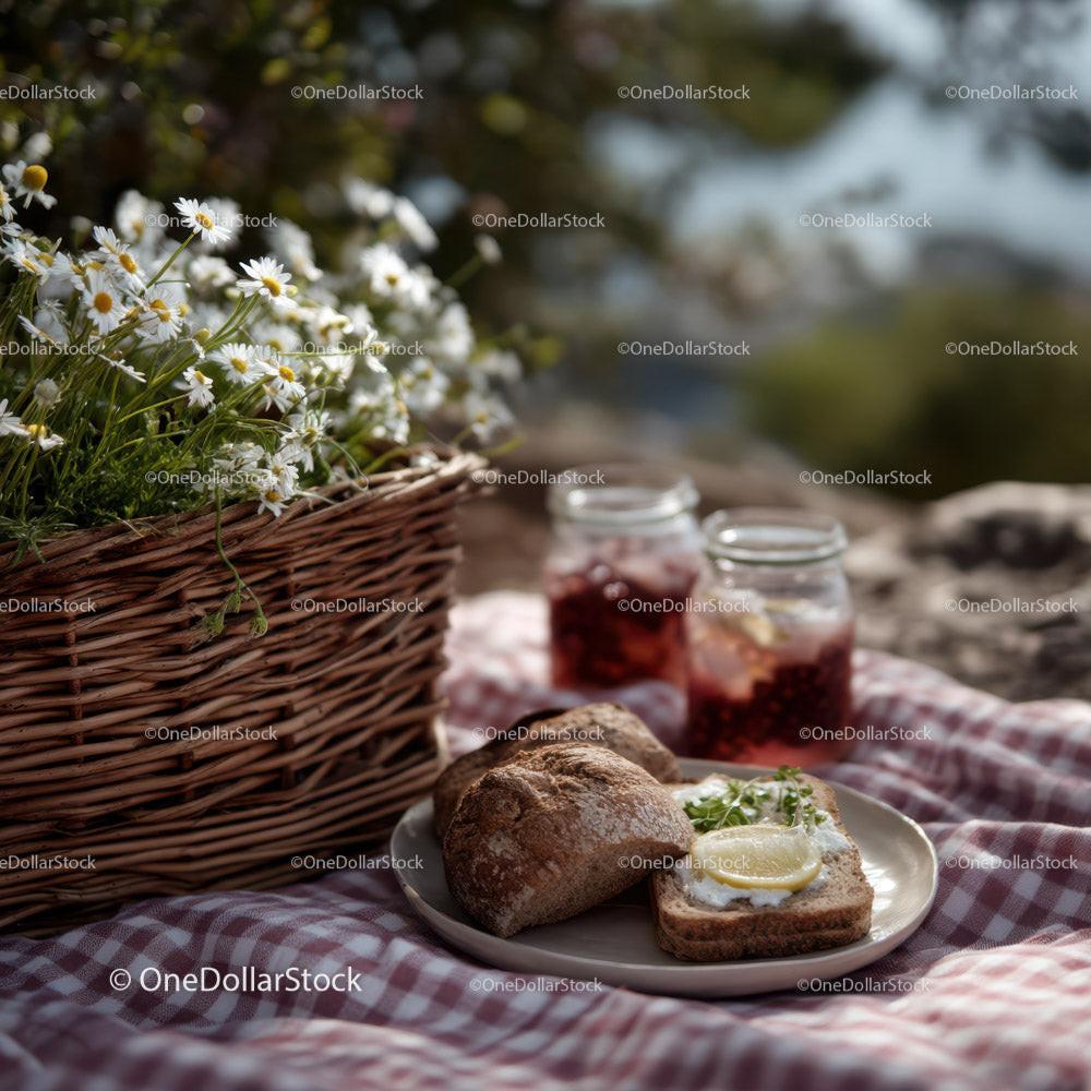 Outdoor Picnic with Fresh Baked Bread and Honey Jars in Sunlight Stock Photo Bundle preview 25