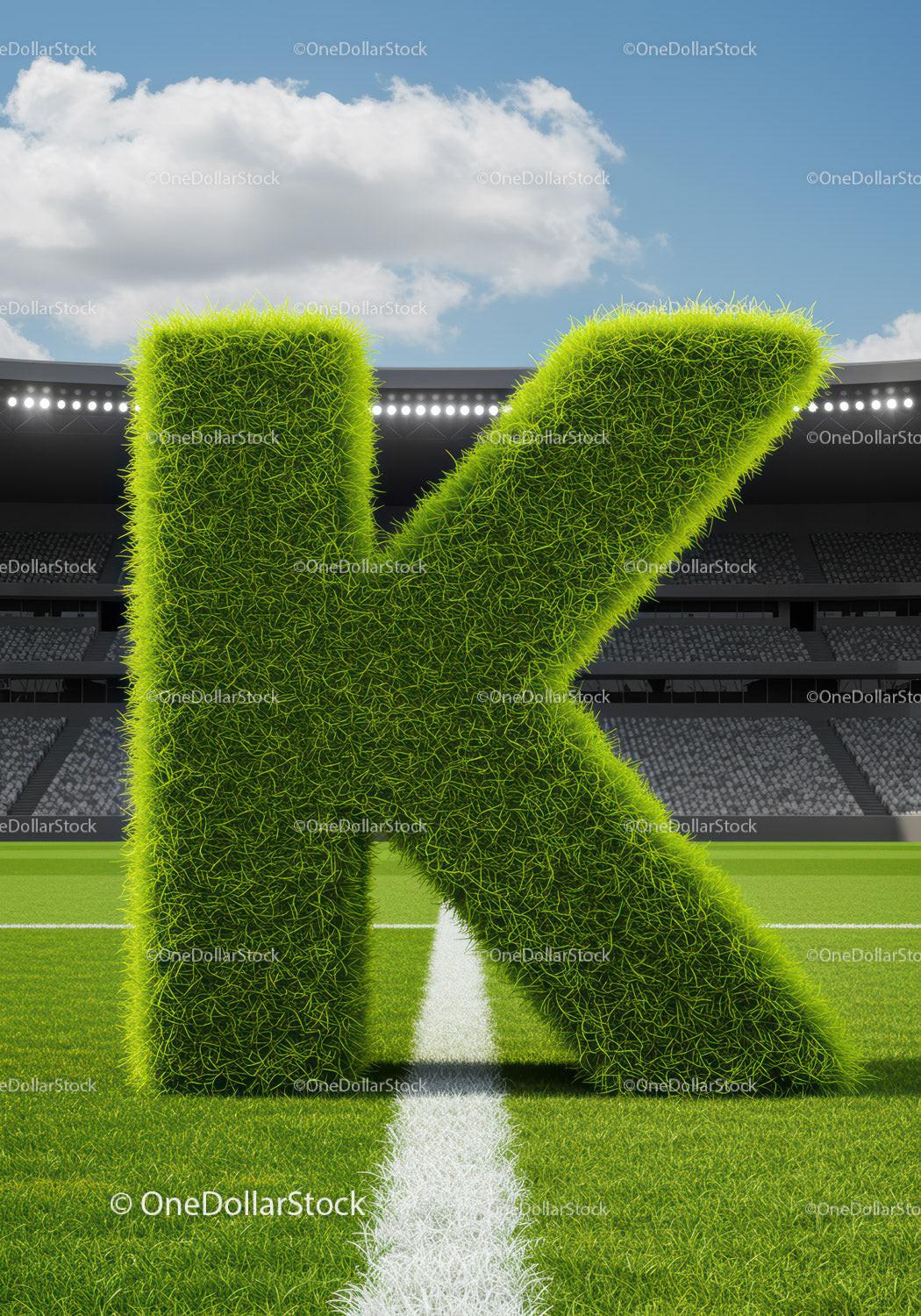 Green Grass Letter K on Football Stadium Field