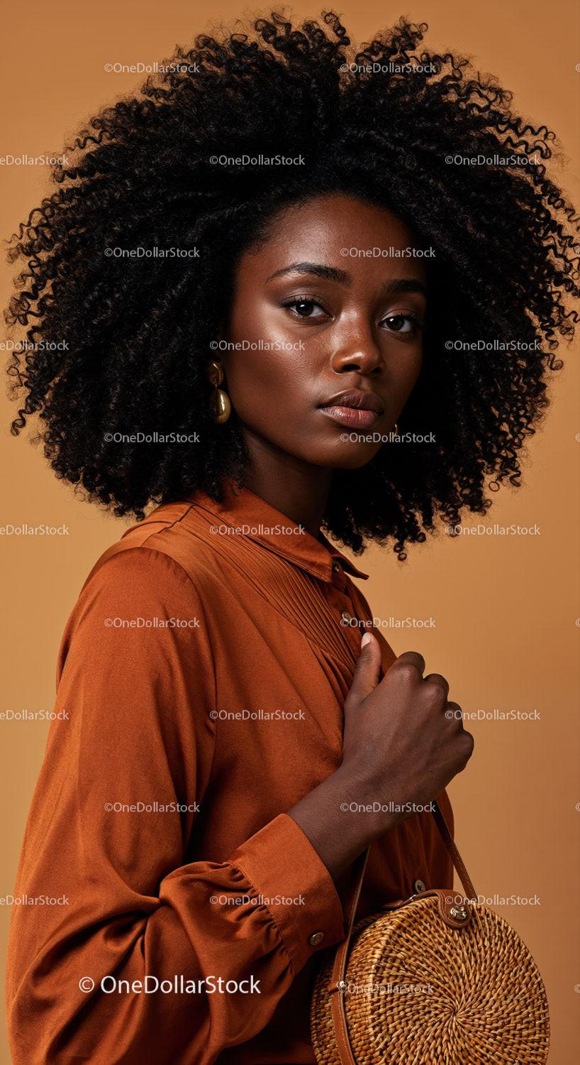 Elegant Portrait of an African-American Woman with Natural Curly Hair and Stylish Fashion