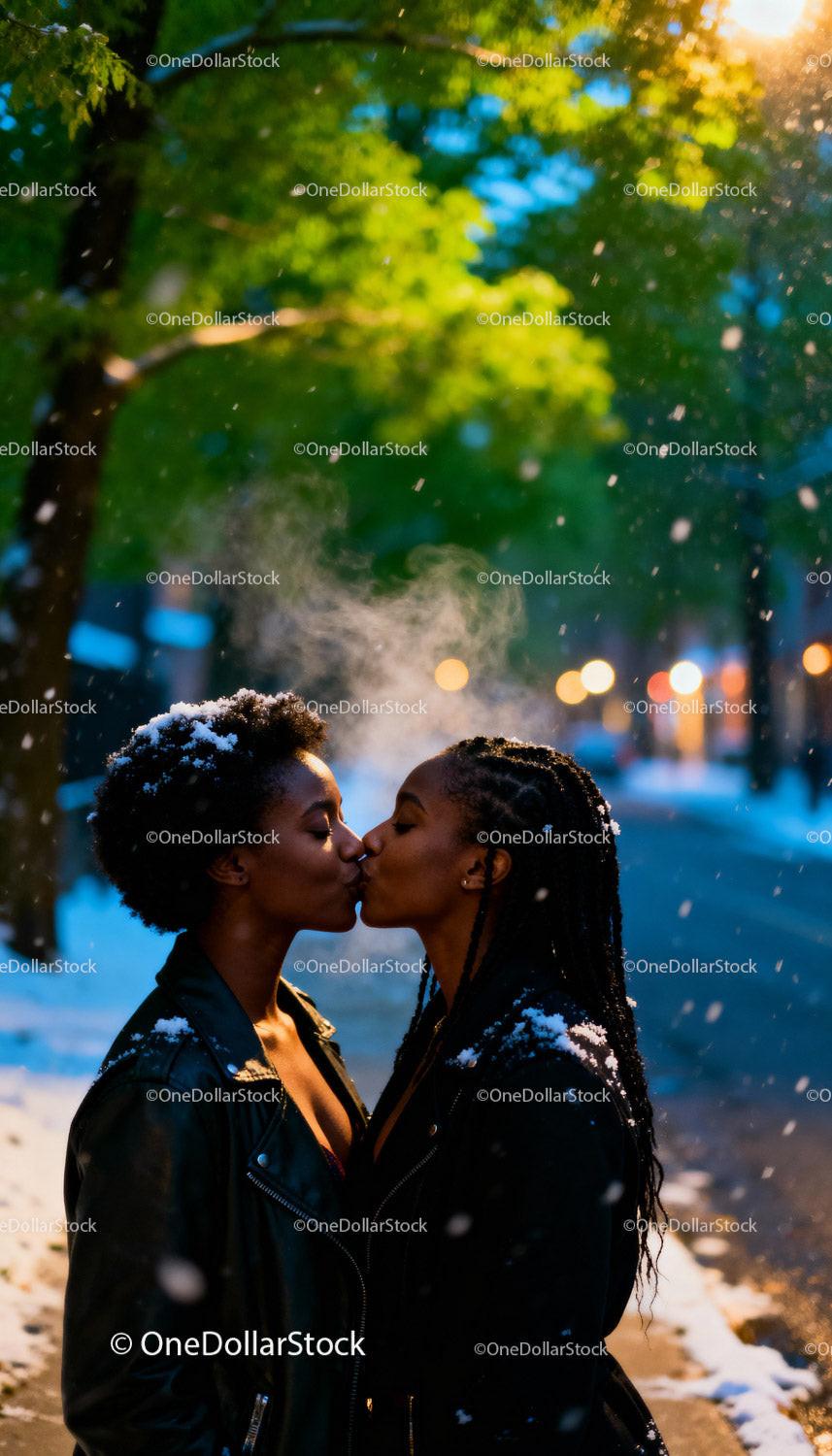 Two Women Sharing a Tender Kiss in Snowy Evening