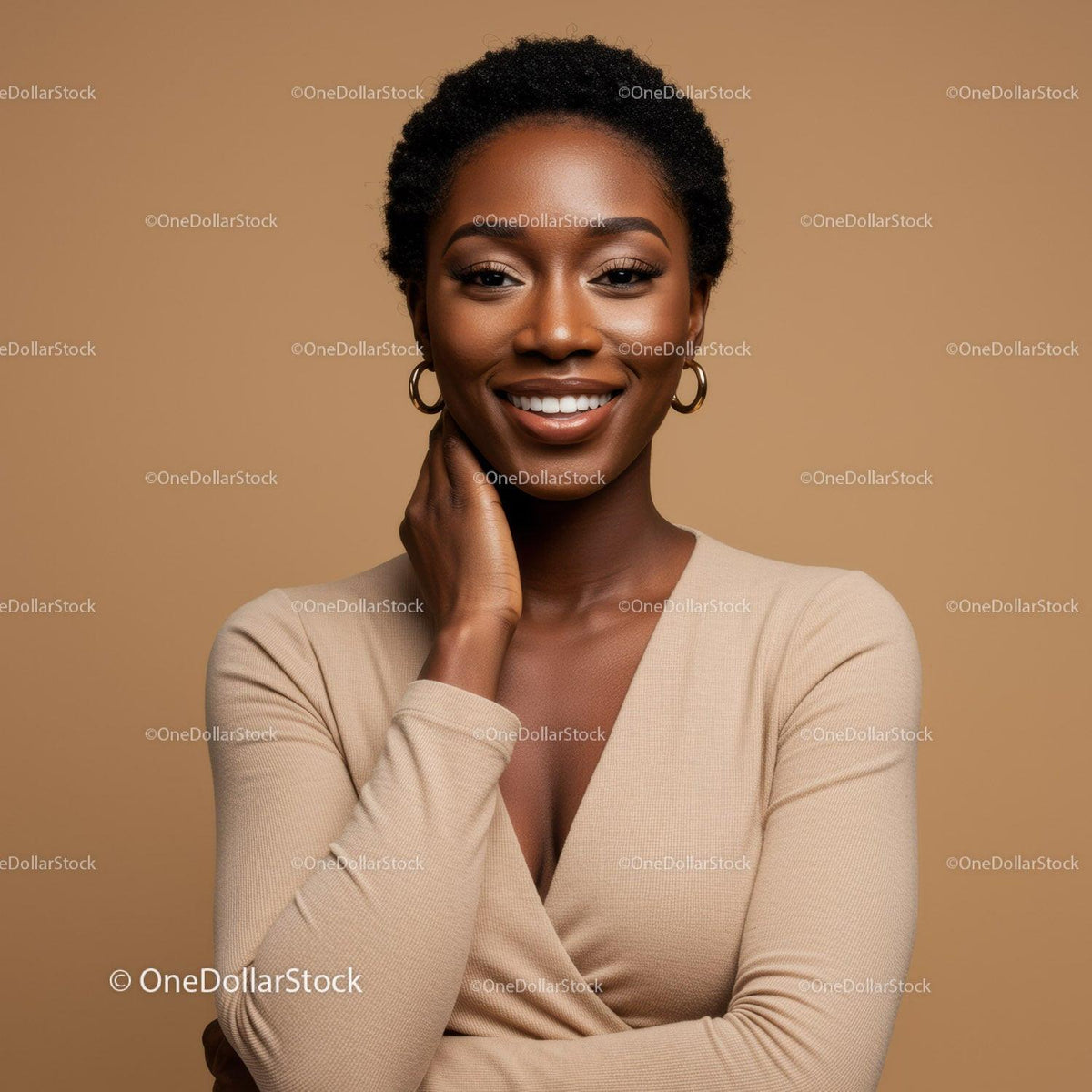Joyful African American Woman with Short Curly Hair and Warm Smile