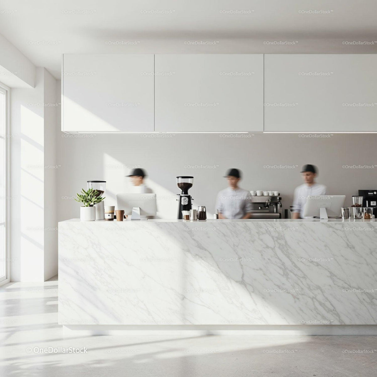 Minimalist Coffee Bar with Busy Baristas in Motion JPG Mockup Image preview