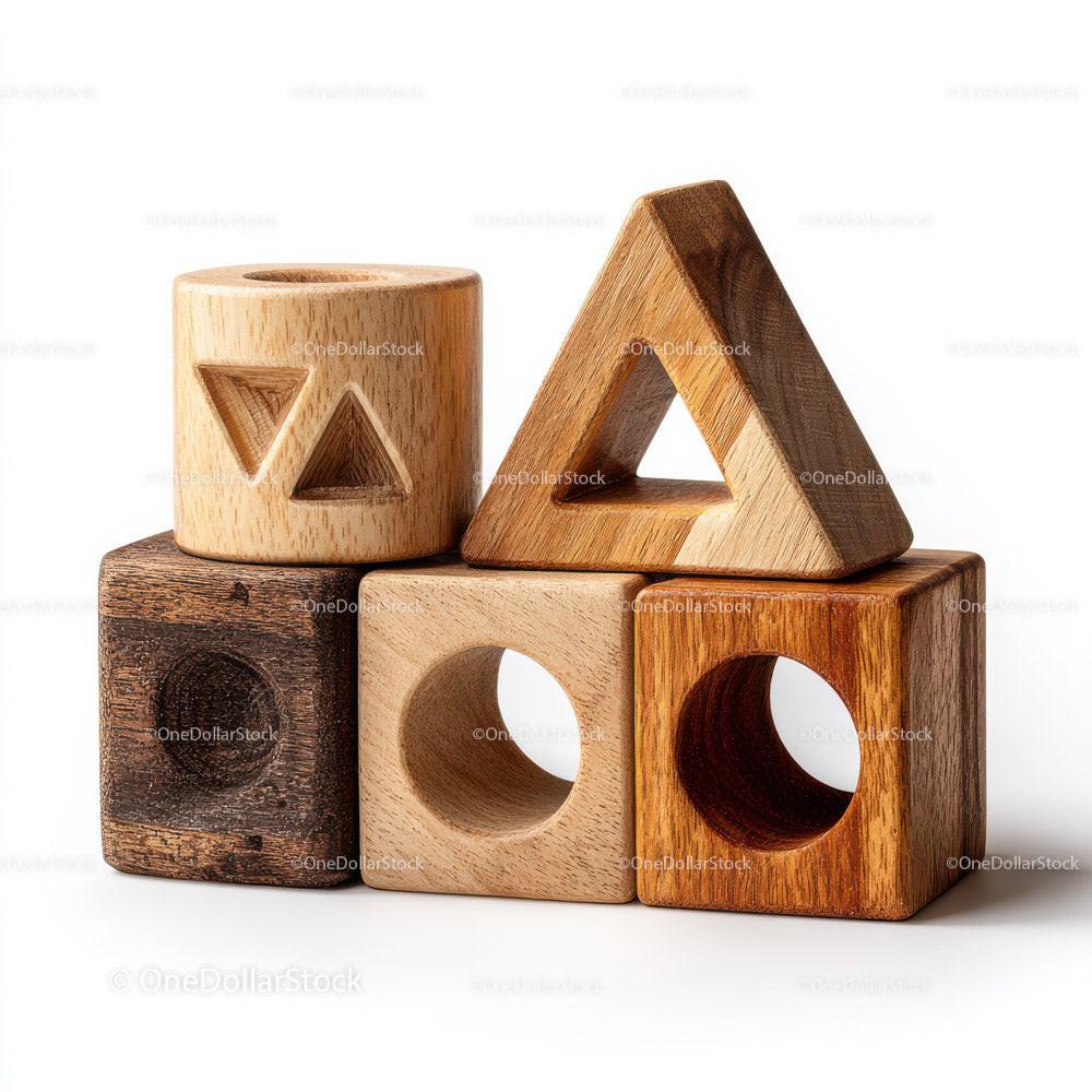 Wooden geometric blocks with triangle and square cutouts in varied wood tones