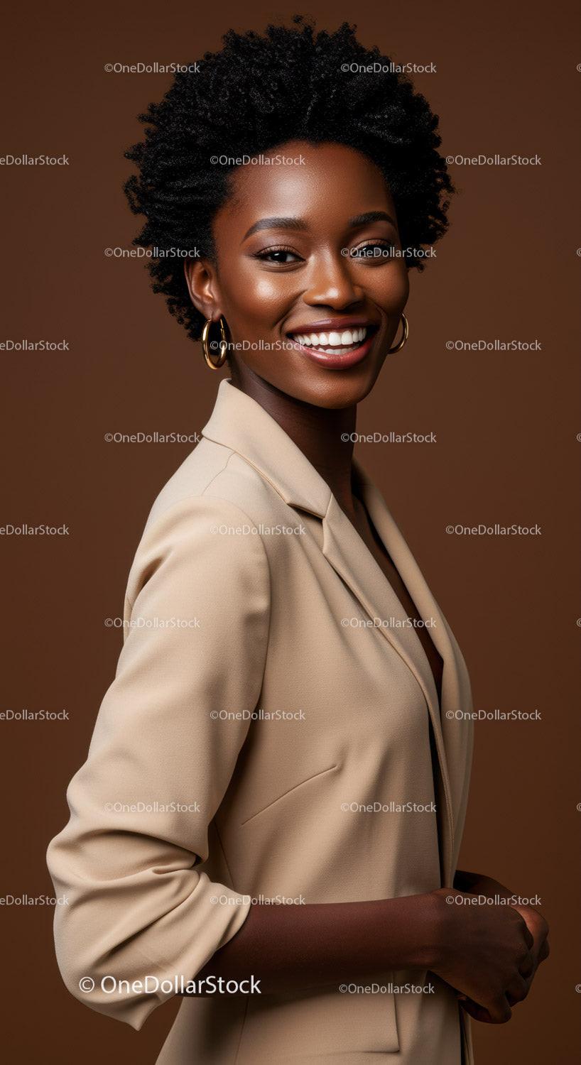 Elegant Black Woman in Beige Blazer with Bright Smile for Professional Portrait