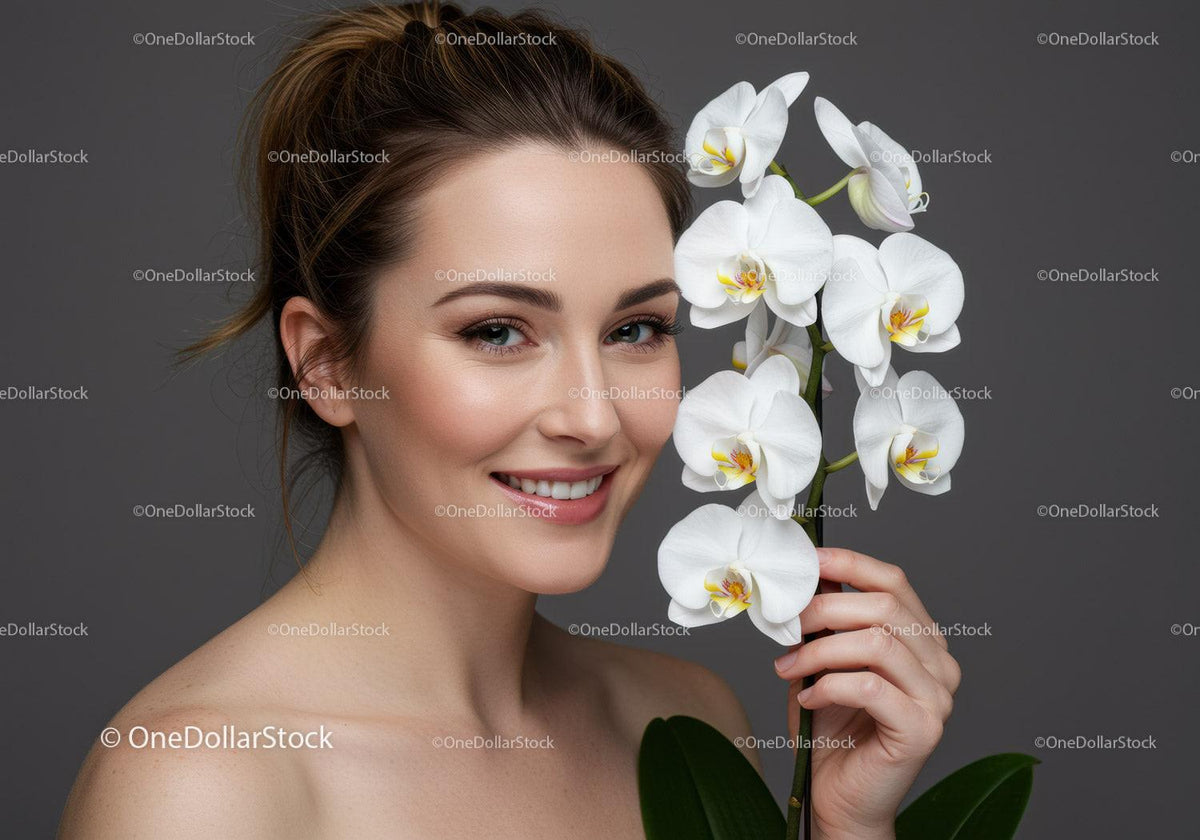 Elegant Woman Holding White Orchid With Bright Skin and Blue Eyes