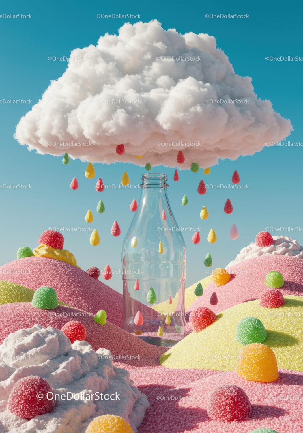 Creative candy raindrops falling from fluffy cloud over bottle