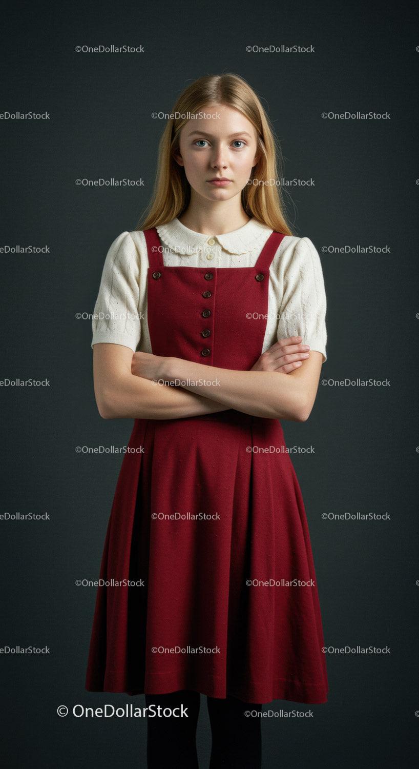 Young Woman in Red Dress and White Blouse Studio Portrait