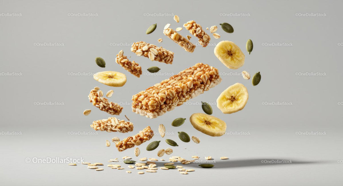 Cereal bar with banana chips and pumpkin seeds floating