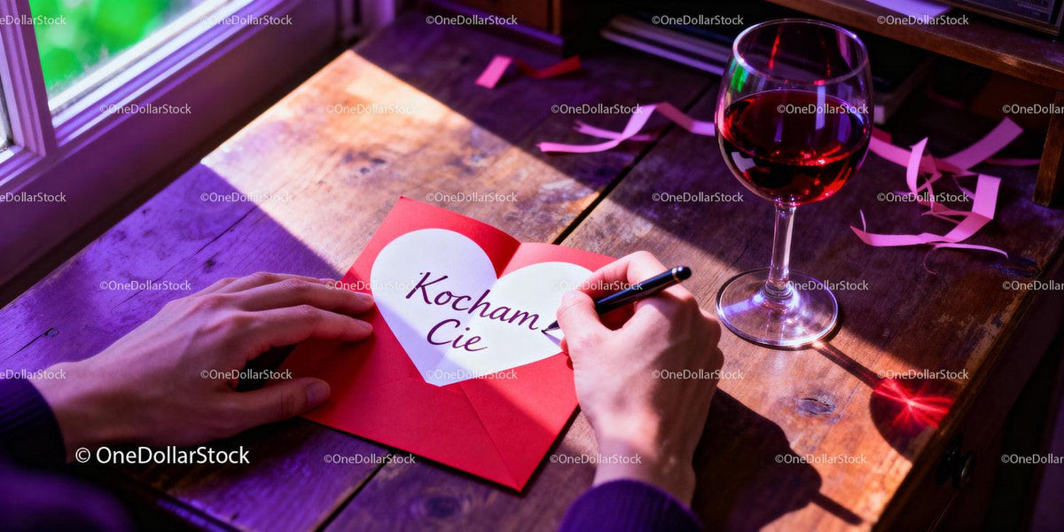 Writing a heartfelt love note beside wine glass