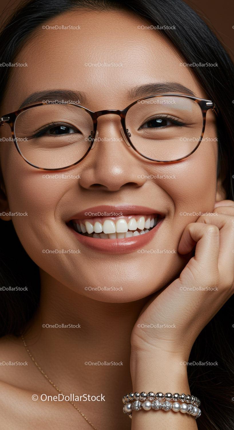 Close up of smiling woman wearing tortoiseshell glasses