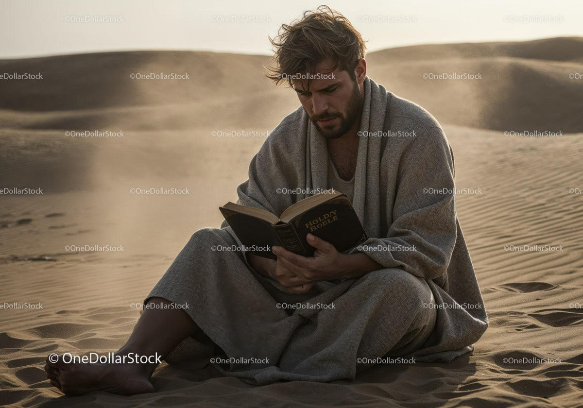 Man in Casual Clothing Reading Book in Desert During Dust Storm Stock Photo Bundle preview 16