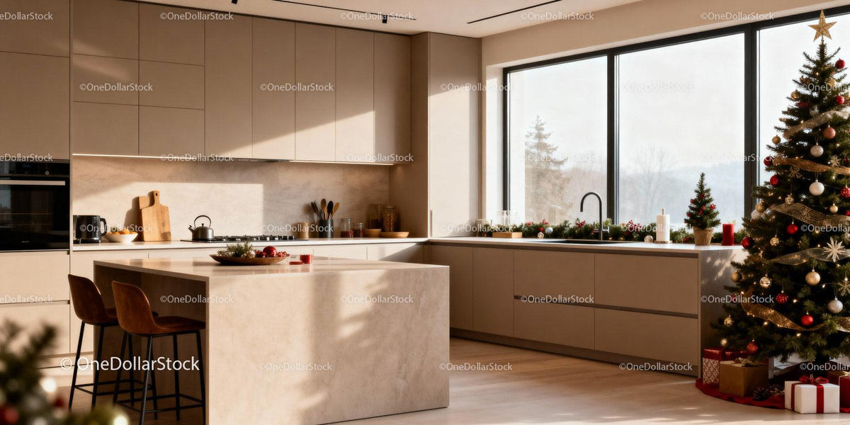 Modern kitchen interior with festive Christmas decorations