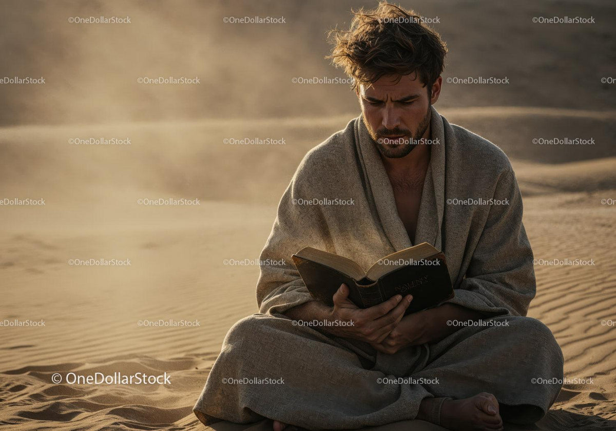 stock photo bundle made with Man in Casual Clothing Reading Book in Desert During Dust Storm Stock Photo Bundle