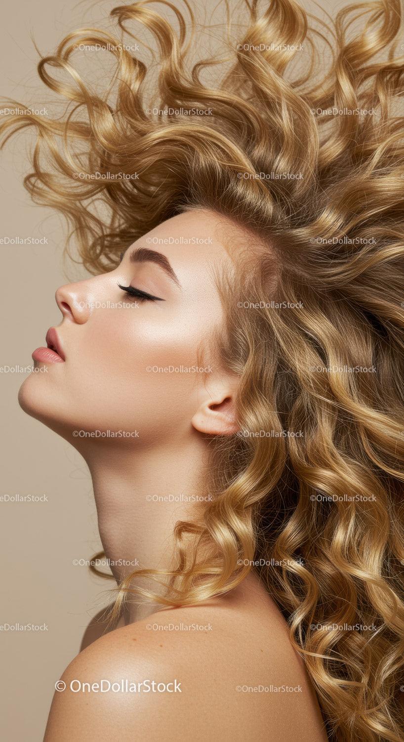 Profile of woman with voluminous curly blonde hair