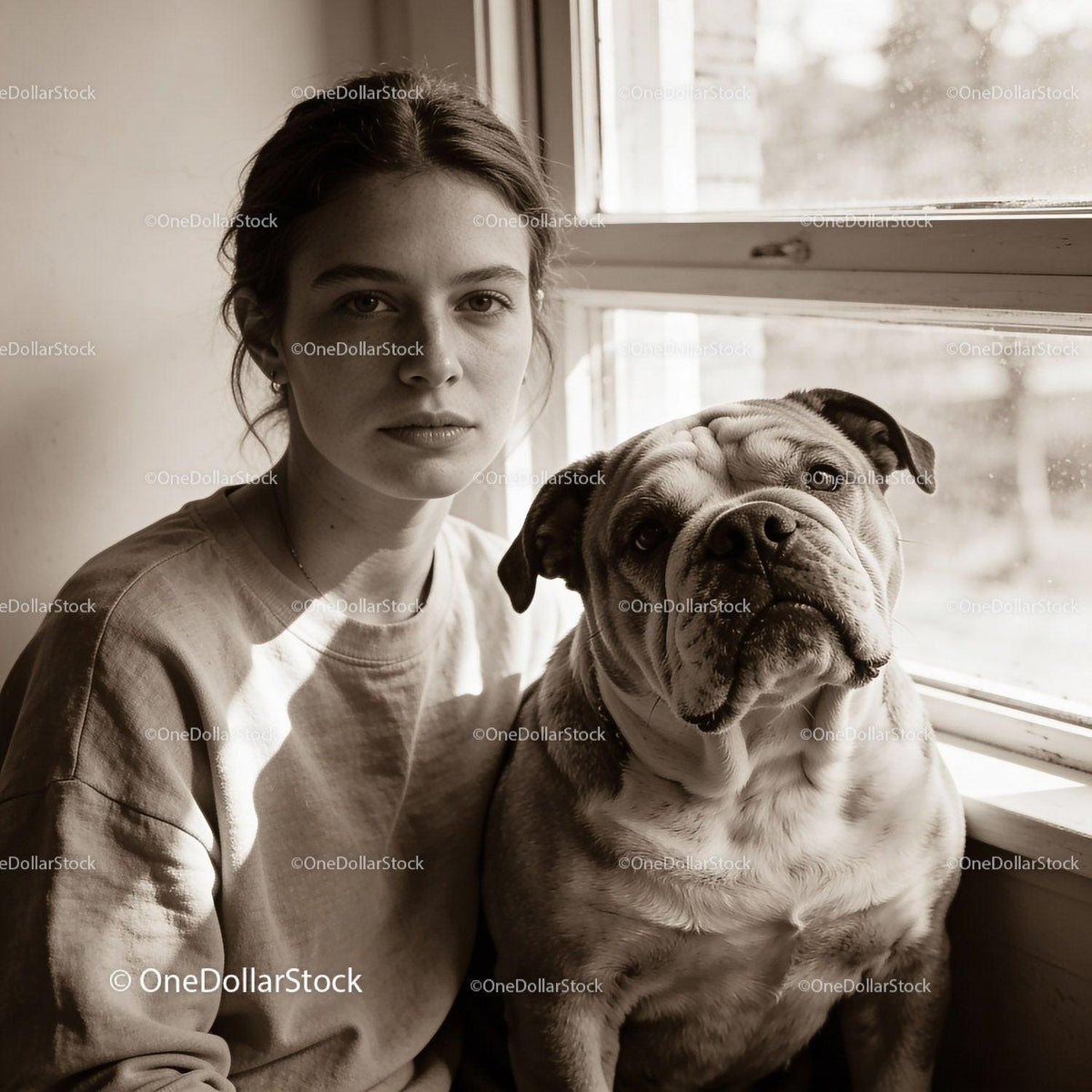Thoughtful young woman sitting with her bulldog by window